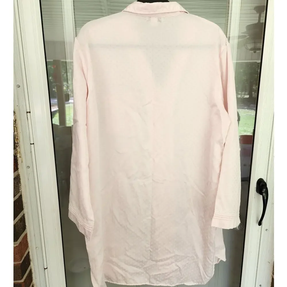 Miss Elaine Women L Long-Sleeve Pink Button Satin Flannel Embroidered Nightshirt